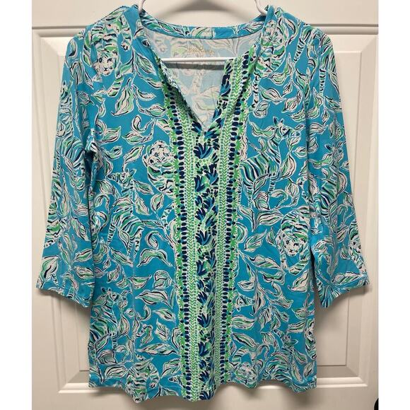 Lilly Pulitzer UPF 50+ Karina Tunic Turquoise Oasis Outta Line Size XS - Picture 1 of 8